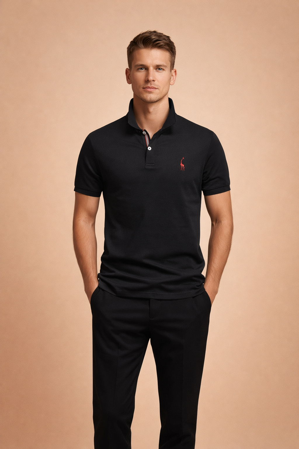 Classic short-sleeve polo shirt with a structured collar, clean button placket, subtle chest logo embroidery, and a tailored straight fit for a polished everyday look.
