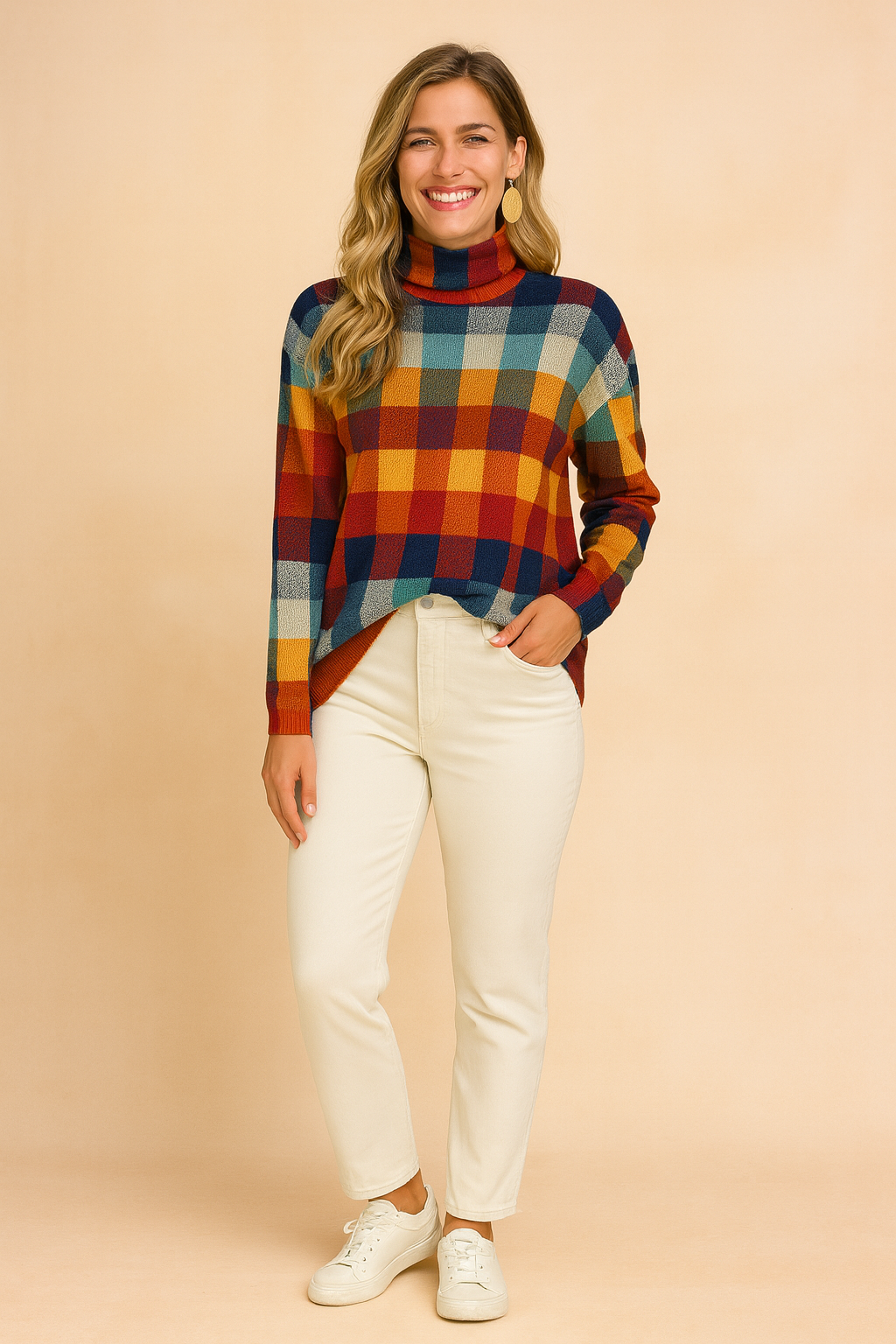 Colorful checkered turtleneck sweater in bold shades of burnt orange, mustard yellow, teal, navy blue, and light gray, paired with off-white straight-leg pants and white sneakers.