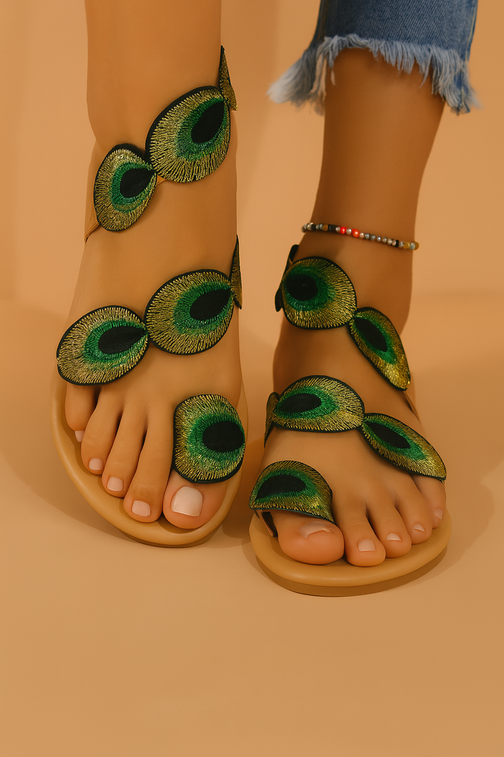 Flat gladiator sandals with vibrant green and gold embroidered colorful feather motifs, featuring a layered oval design and open-toe tan sole.