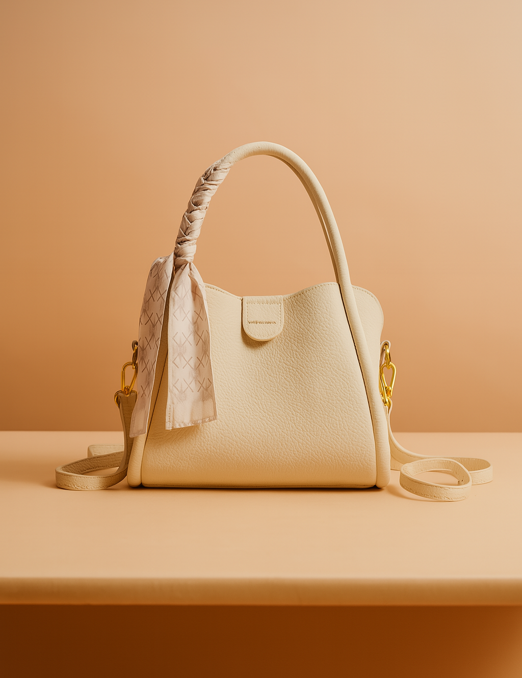 Cream textured handbag with gold hardware and a braided handle, detailed with a soft pink patterned scarf tied on the side, styled on a flat surface in warm-toned studio lighting.