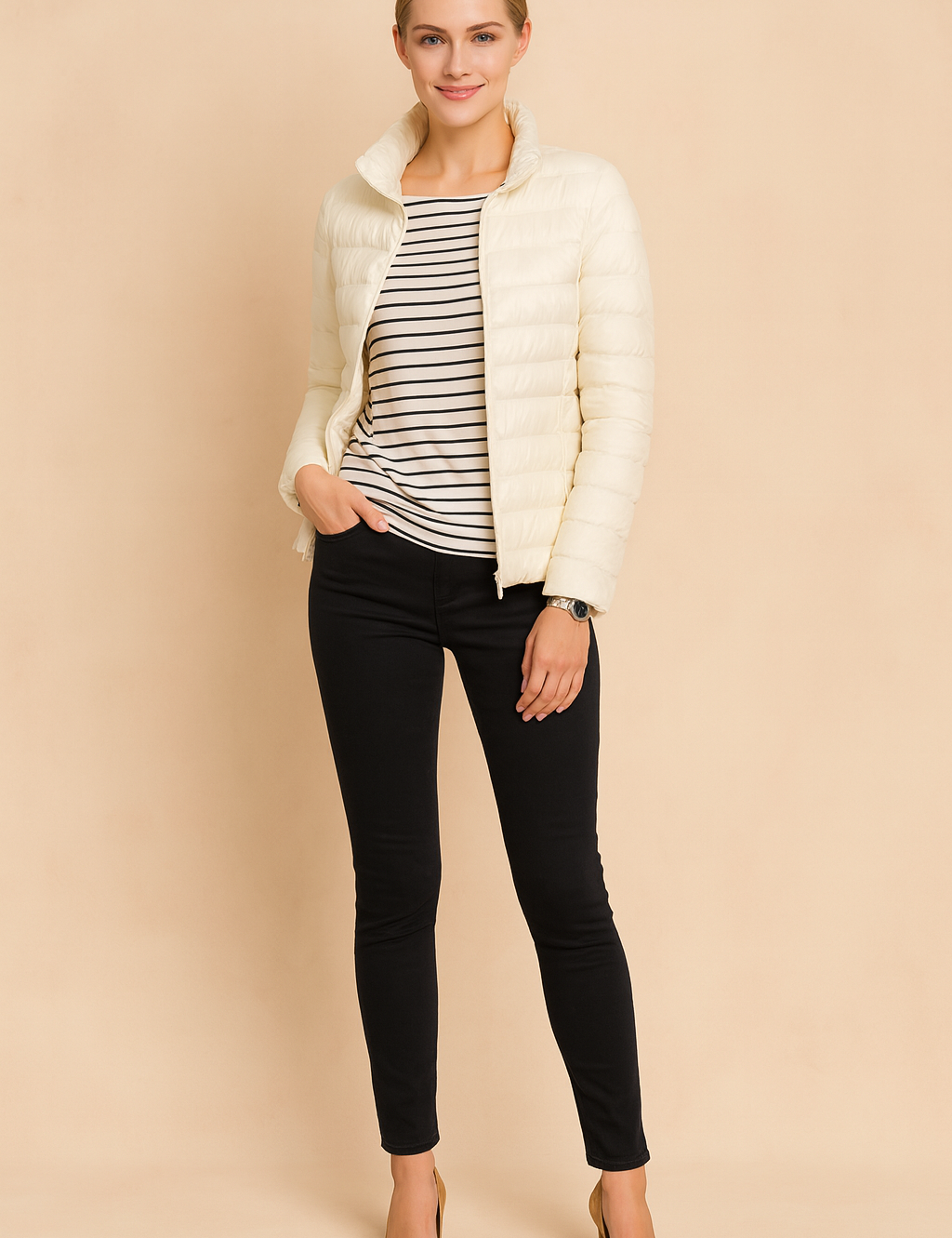 Cream puffer jacket with horizontal quilted design, styled over a black and white striped top and slim black jeans.