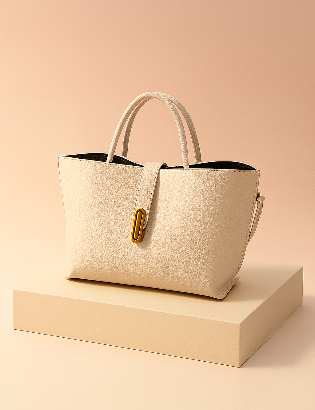 Cream textured leather tote handbag with gold hardware, central strap, and double handles on a soft gradient background.