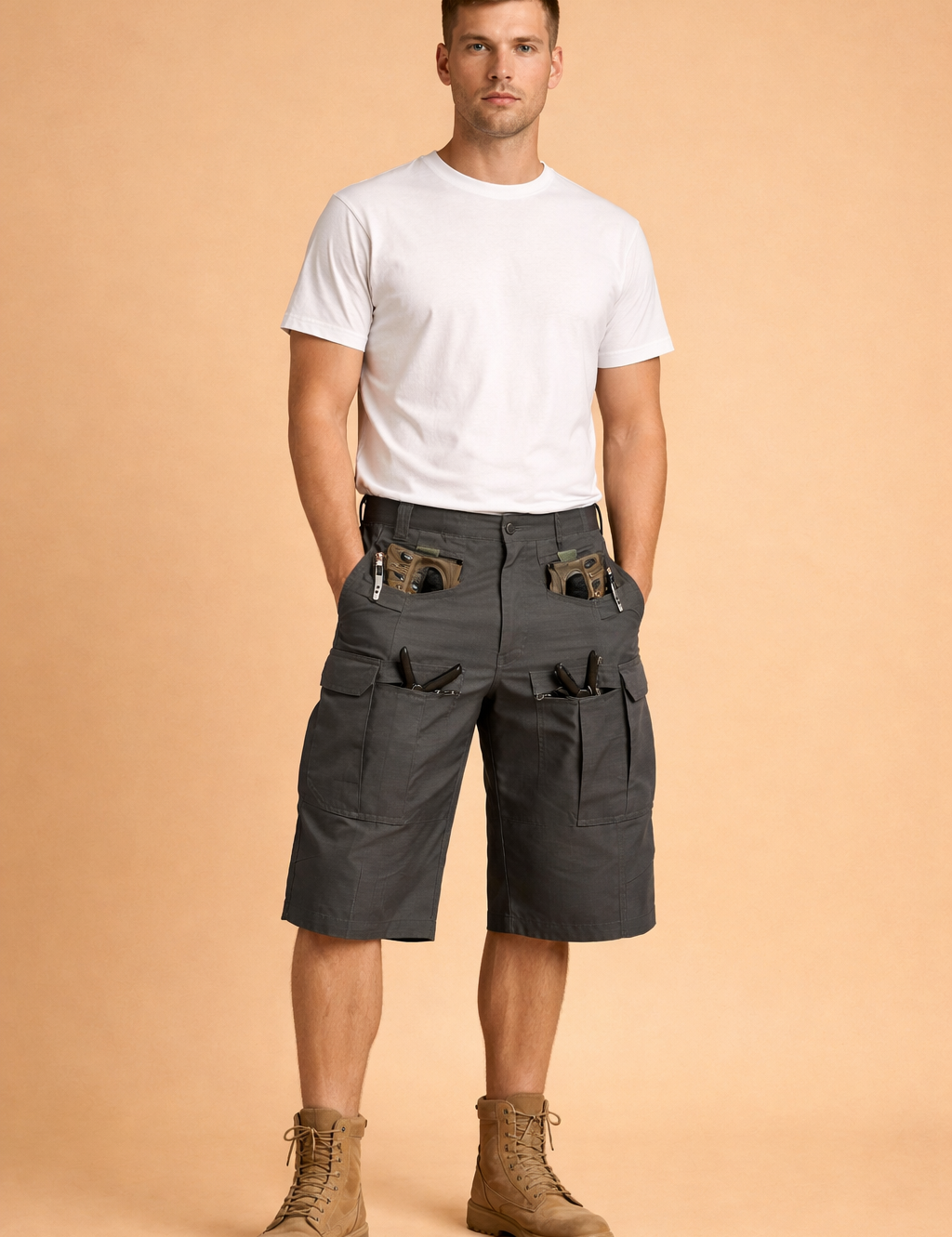 Dark gray tactical cargo shorts made from durable ripstop fabric with a fine grid weave, featuring reinforced seams, multiple utility pockets, flap cargo pockets, integrated tool compartments, metal zipper details, and a structured straight-leg cut, paired with a solid charcoal short-sleeve cotton T-shirt with a smooth matte finish.