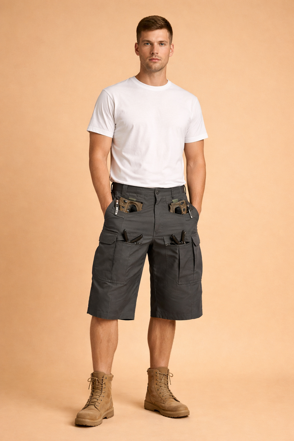 Dark gray tactical cargo shorts made from durable ripstop fabric with a fine grid weave, featuring reinforced seams, multiple utility pockets, flap cargo pockets, integrated tool compartments, metal zipper details, and a structured straight-leg cut, paired with a solid charcoal short-sleeve cotton T-shirt with a smooth matte finish.