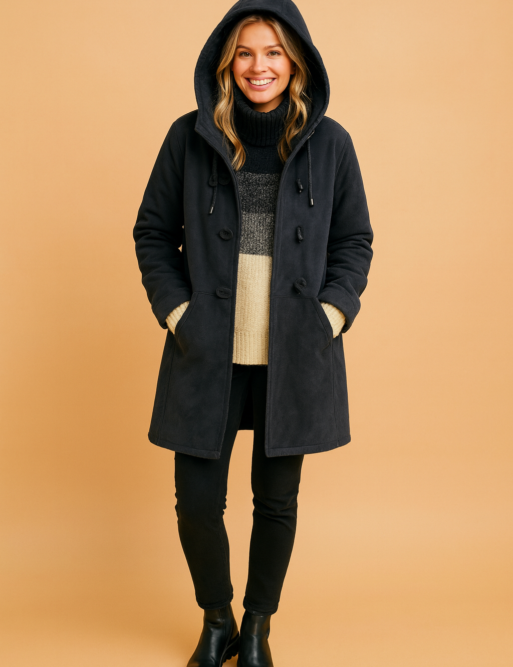 Dark gray hooded winter coat with toggle closures and front pockets, layered over a striped knit turtleneck sweater and paired with slim black pants and black ankle boots, emphasizing warmth and casual elegance