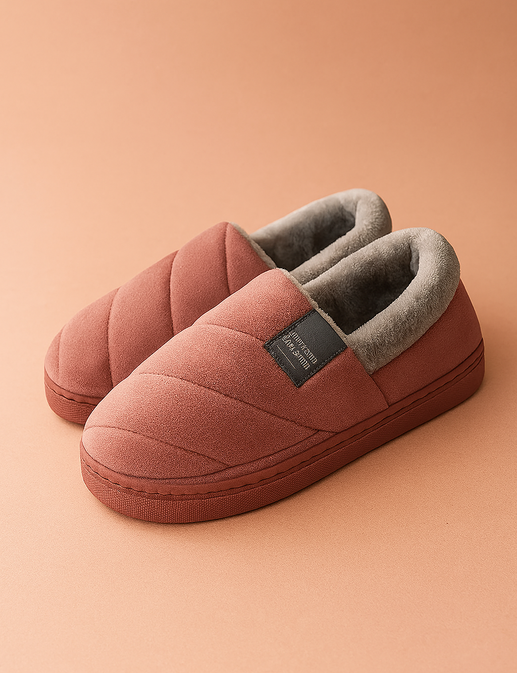 Donkerroze gewatteerde herenpantoffels met grijze fleece voering op een beige achtergrond