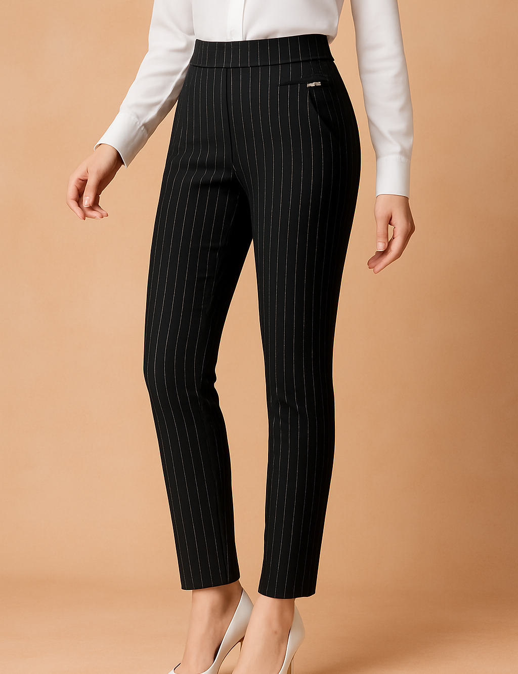 High-waisted black pinstripe slim-fit pants with vertical white stitching and a decorative front pocket tab, styled with a crisp white blouse and pointed white heels for a polished, professional look.