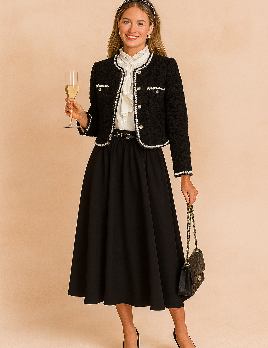 Elegant black tweed jacket with pearl-trimmed edges and gold button accents, styled over a white ruffled blouse and paired with a flowing black midi skirt, slim belt, quilted handbag, and classic black heels.