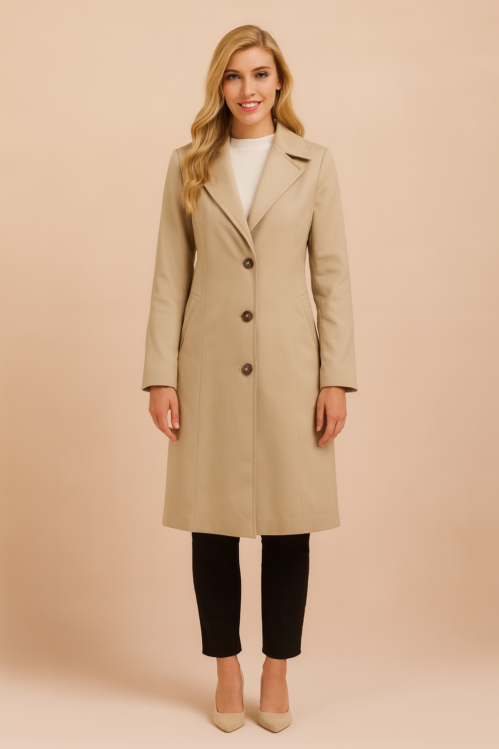 Elegant double-breasted trench coat with tailored fit, structured lapels, and button closure, designed for a chic and timeless outerwear look."