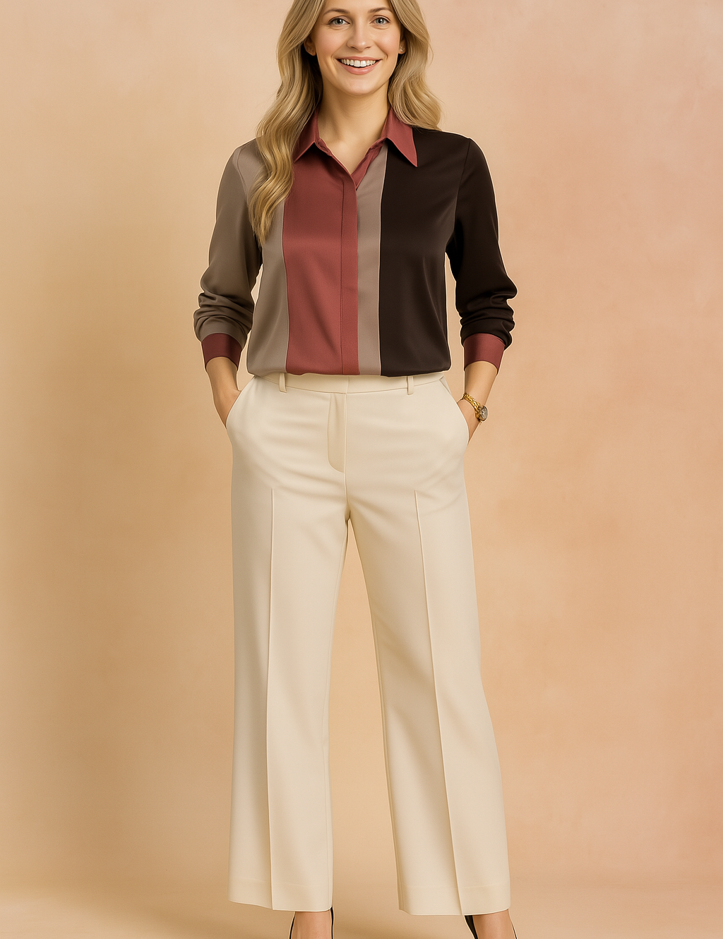Color-blocked long sleeve blouse with vertical panels in taupe, brick red, and deep brown, paired with high-waisted ivory tailored trousers and black pointed heels.