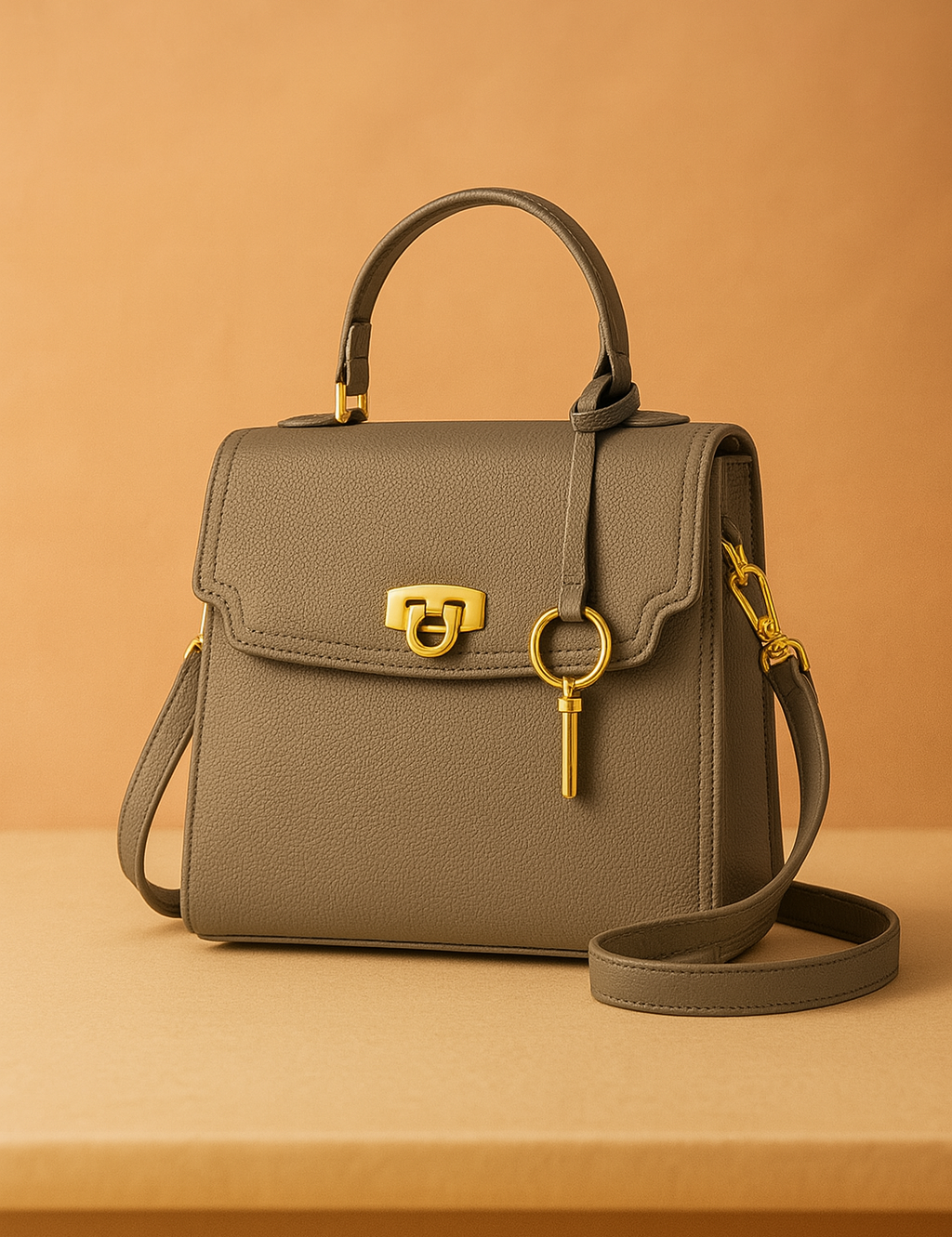 Elephant gray pebbled leather handbag with gold hardware, scalloped flap closure, key charm, and top handle, styled on a table in softly lit studio setting.