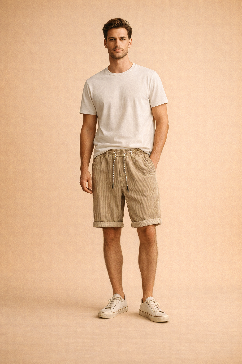 Relaxed men’s summer outfit featuring ribbed corduroy knee-length shorts with an elastic waistband and drawstring, paired with a clean minimalist shirt and understated casual shoes, creating a refined European casual look suitable for everyday wear and warm-weather styling.