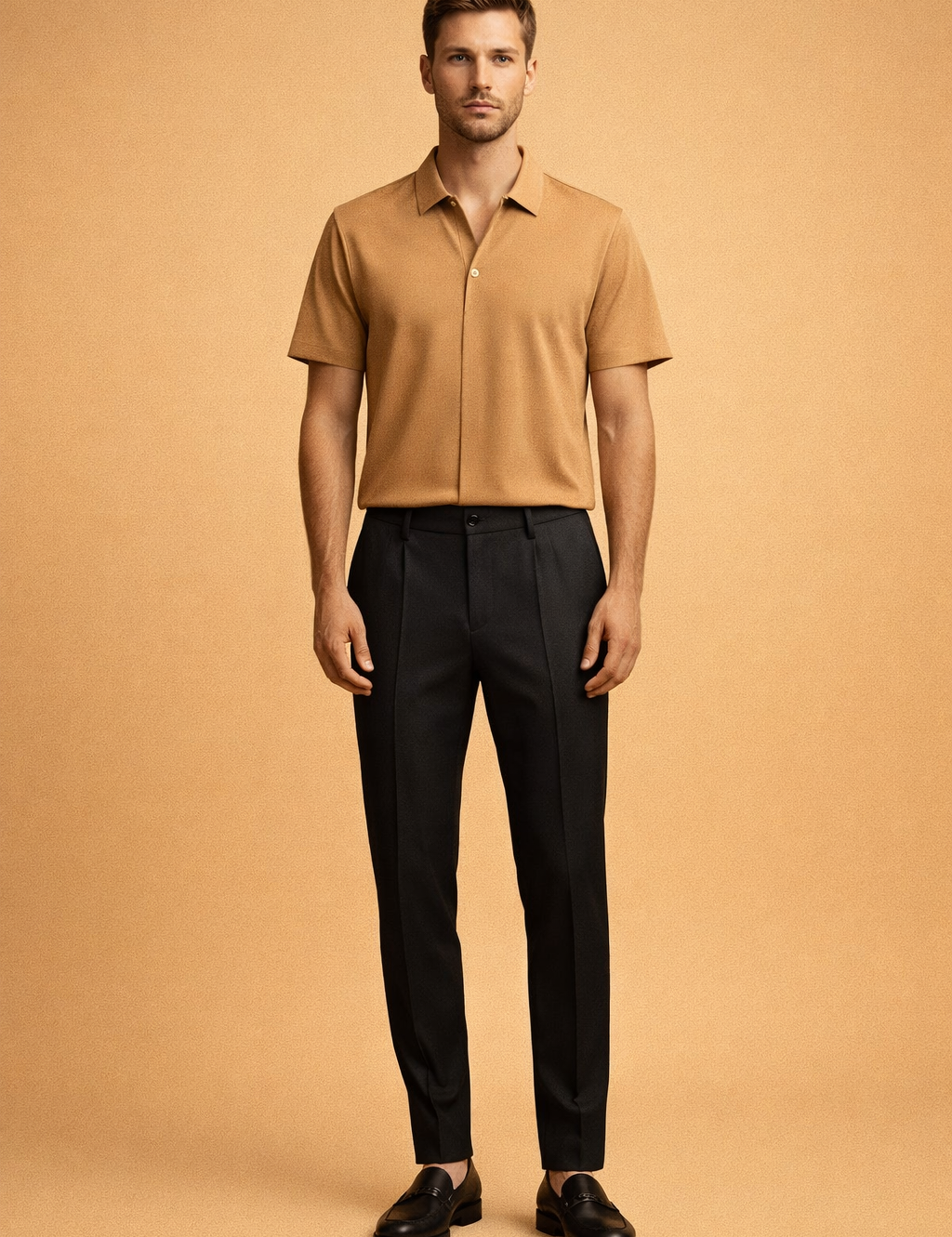 Minimalist two-piece menswear outfit featuring a solid caramel short-sleeve tailored shirt with clean seams and smooth fabric drape, paired with slim dark tailored trousers and sleek leather shoes, presenting a refined modern European look with precise cuts and timeless proportions