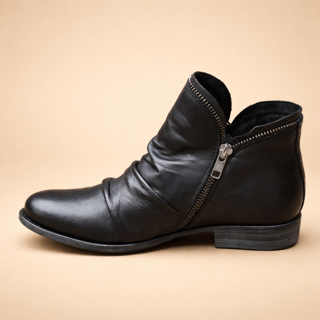 european-studio-model-black-leather-ankle-boot-side-pose.png