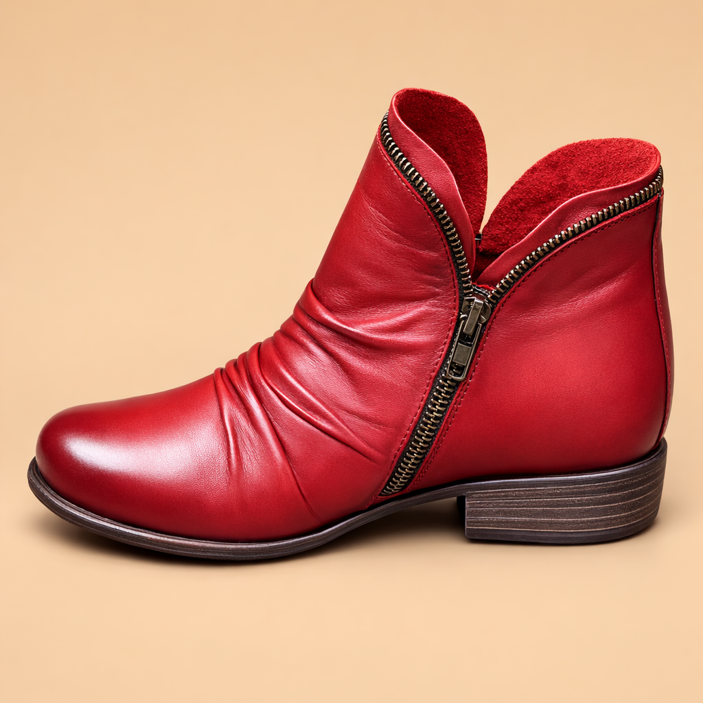 european-studio-model-red-leather-ankle-boot-side-pose.png