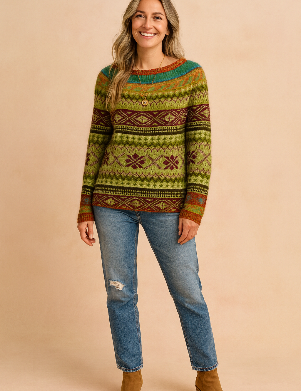 Green Fair Isle knit sweater with red and gold geometric patterns, front-tucked into mid-wash blue jeans, paired with tan suede ankle boots.