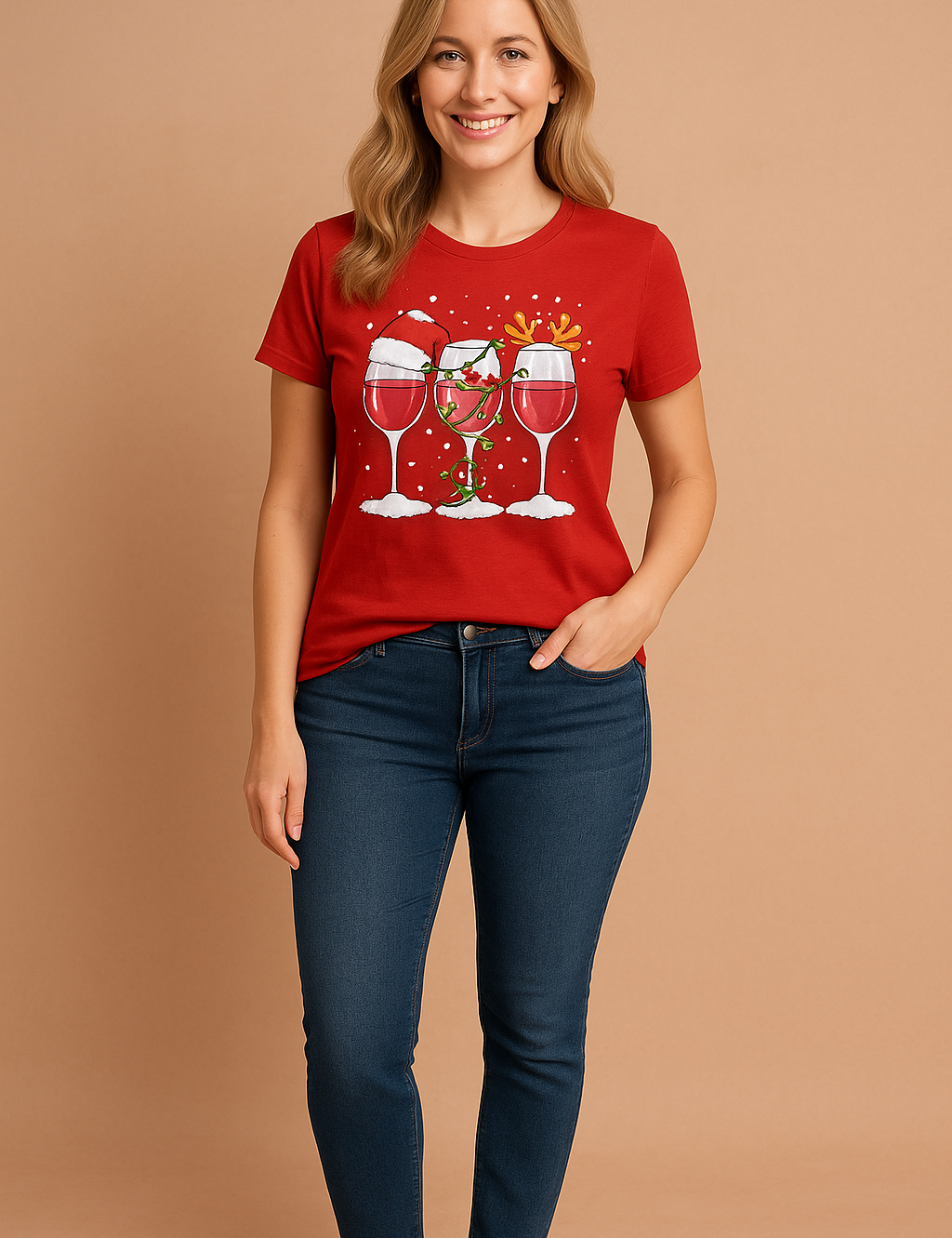 Red short-sleeve crew neck T-shirt featuring a festive Christmas-themed print of three wine glasses filled with red wine, decorated with Santa hat, holiday lights, and reindeer antlers, surrounded by snow and white