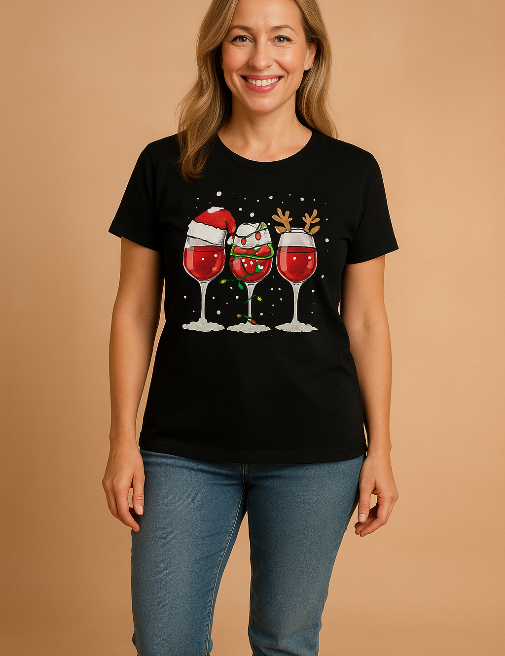 Black short-sleeve graphic tee featuring three red wine glasses with festive Christmas-themed decorations including a Santa hat, reindeer antlers, and holiday lights, printed in vivid colors on a snow-sprinkled background.