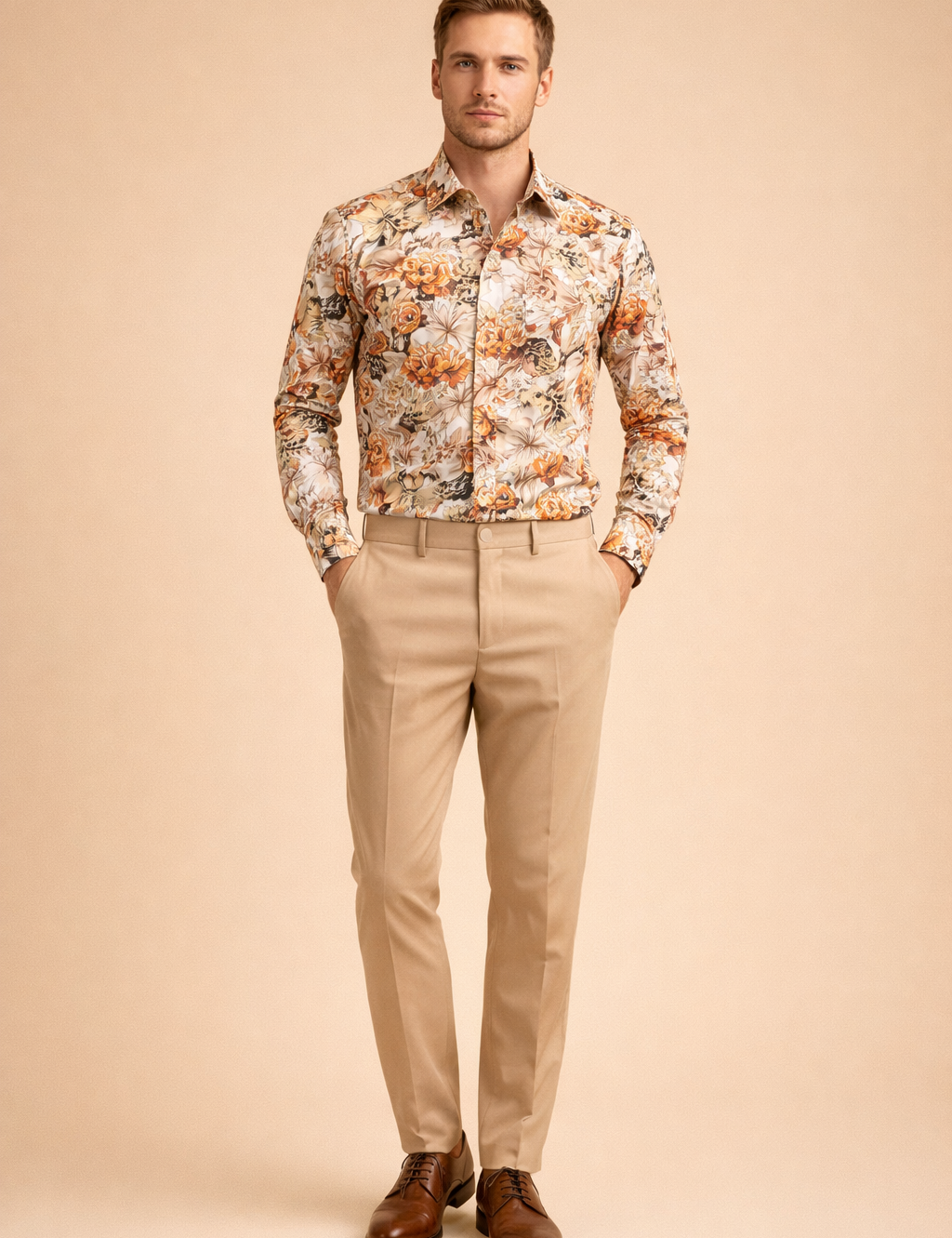 Floral long sleeve button up shirt with an intricate botanical pattern featuring beige, cream, brown, black, and muted orange flowers, designed with a classic collar, full front button closure, tailored fit, and smooth woven fabric for a refined casual-elegant look