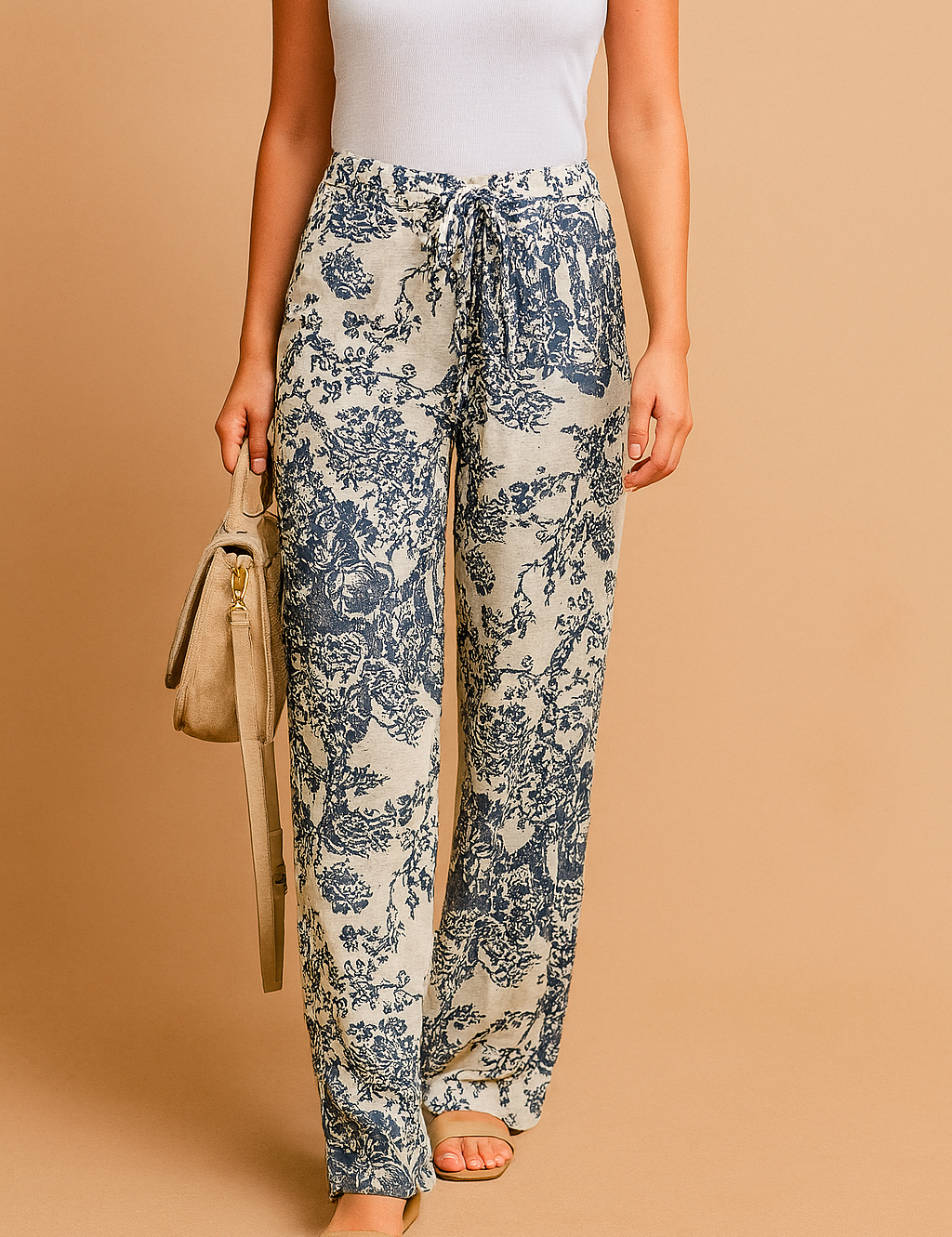 Wide-leg cream pants with intricate navy blue floral print, a drawstring waist, and a relaxed fit styled with beige sandals and a tan shoulder bag.