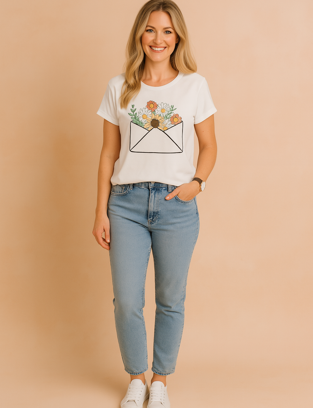 White short-sleeve t-shirt featuring a playful envelope floral print, paired with classic high-rise blue jeans and white sneakers.