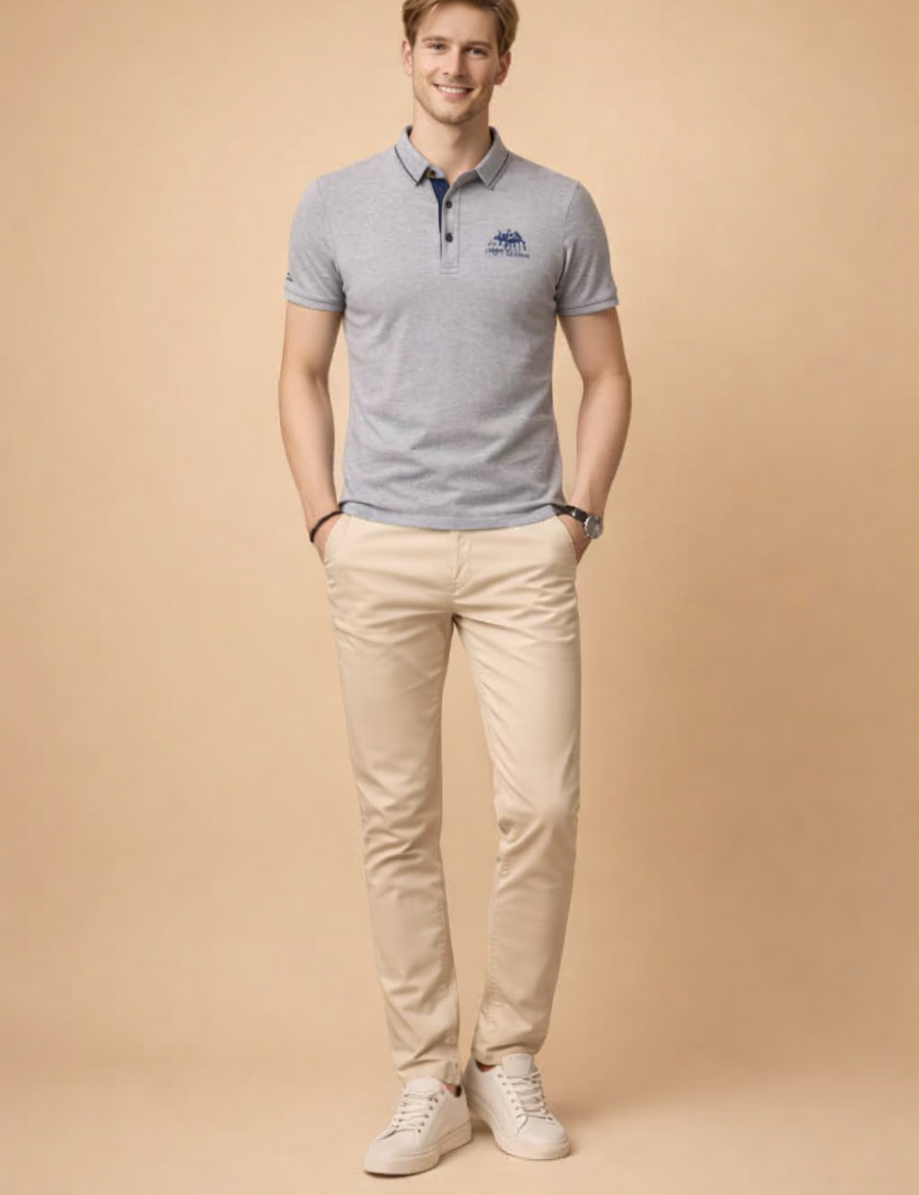 Classic forest-green short-sleeve polo shirt with contrast collar and button placket, paired with slim-fit beige chinos and clean white low-top sneakers.