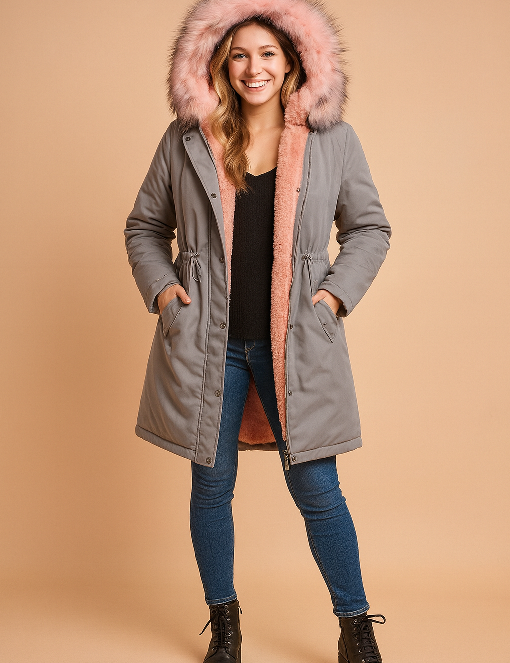 Gray winter parka jacket with faux fur hood, front zipper and snap button closure, large flap pockets, adjustable waist drawstring, paired with slim blue jeans and black ankle boots.
