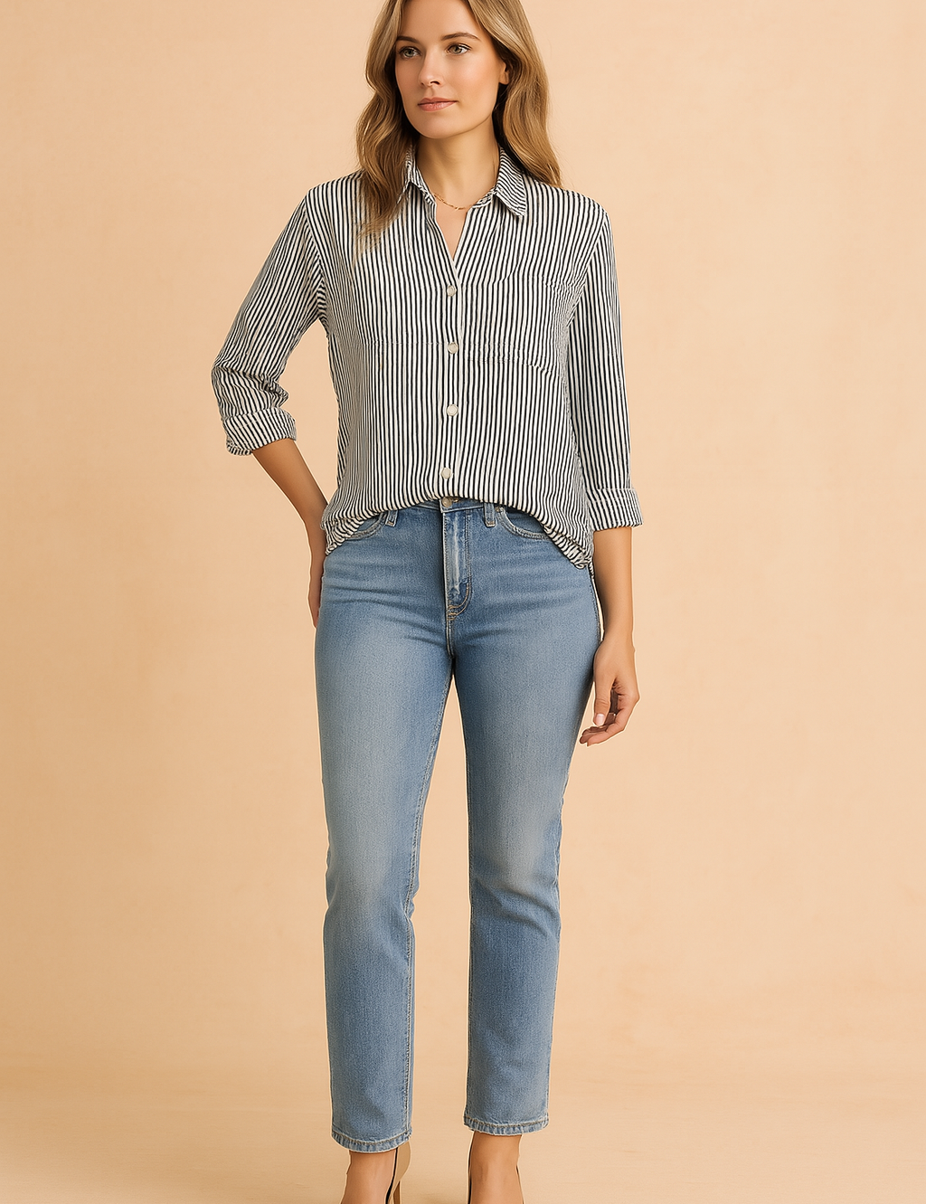 Classic striped button-up blouse with vertical navy and white lines, designed with a relaxed fit and front pocket, paired with high-waisted light wash denim jeans and navy ballet flats for a polished casual look.