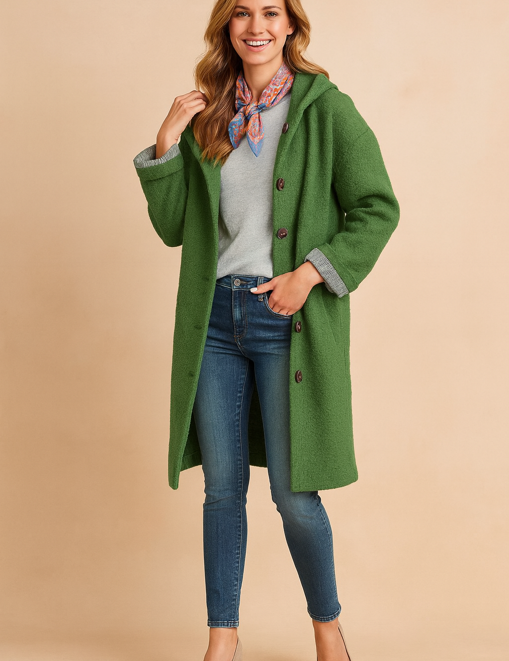 Long green button-up coat with textured fabric, cuff detail, and front pockets styled over a casual top and jeans.