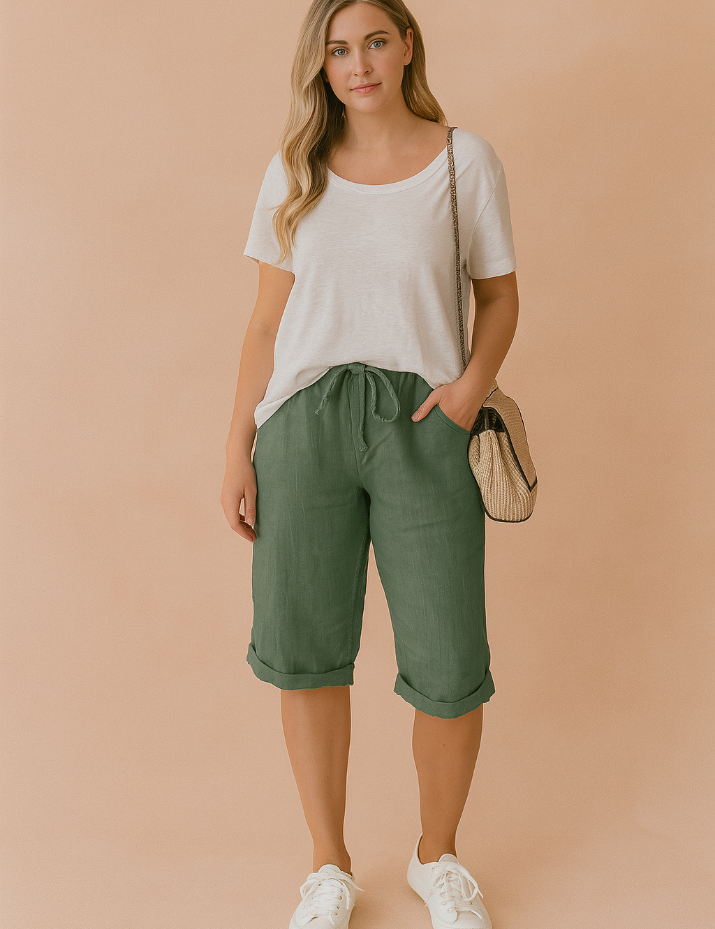 Casual green drawstring Bermuda shorts with rolled cuffs, paired with a relaxed-fit white T-shirt and white platform sneakers.