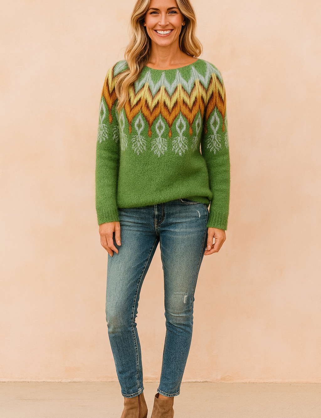 Green mohair knit sweater with multicolor Fair Isle pattern across the shoulders, paired with medium-wash fitted jeans and taupe suede ankle boots.