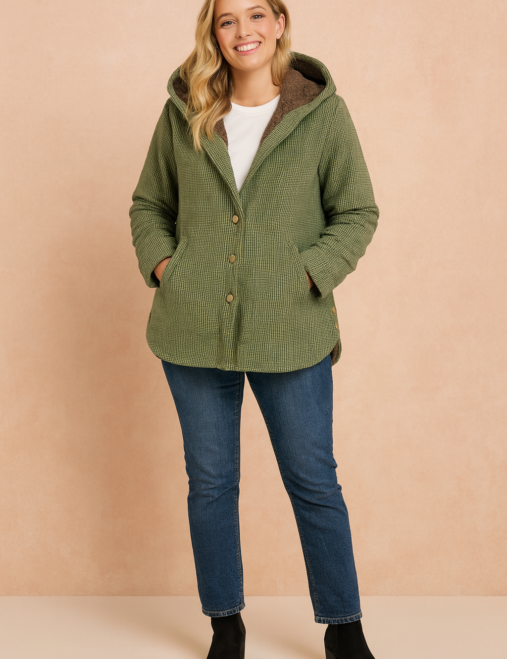 Green houndstooth hooded jacket with brown sherpa lining, button-front closure, two side pockets, and rolled sleeves, styled in a casual fit for autumn and winter wear.