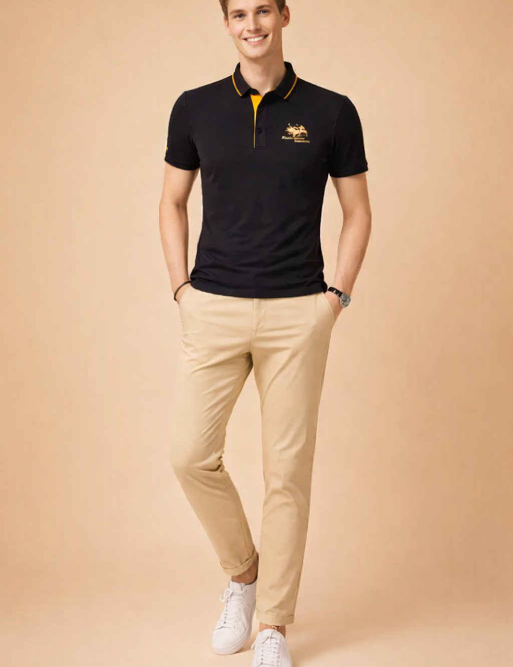 Light grey short-sleeve polo shirt with button placket and subtle chest embroidery, paired with beige slim-fit chinos and clean white low-top sneakers for a refined casual menswear look.