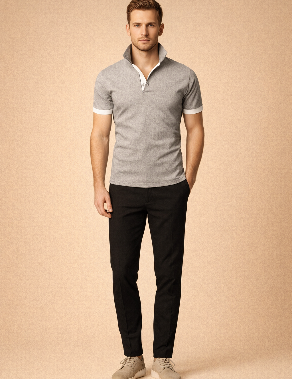 Slim-fit grey polo shirt with contrast collar and sleeve cuffs, short button placket, smooth knit fabric, paired with clean low-profile shoes for a refined casual look