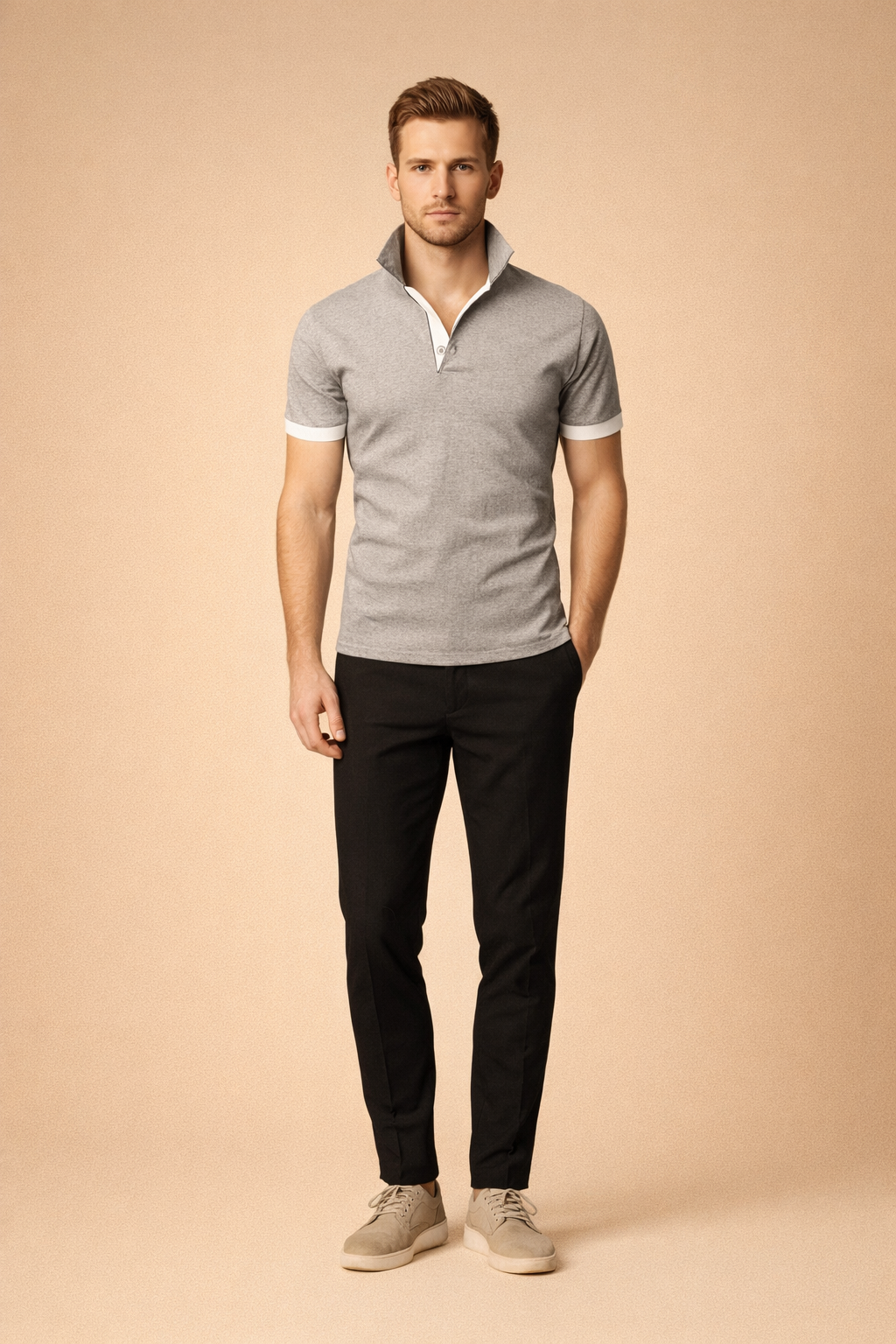 Slim-fit grey polo shirt with contrast collar and sleeve cuffs, short button placket, smooth knit fabric, paired with clean low-profile shoes for a refined casual look