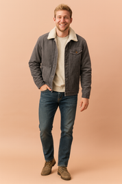Grey corduroy sherpa-lined jacket with button closure, chest pocket detail, and soft cream fleece interior, styled with denim jeans and suede boots for a casual winter look.