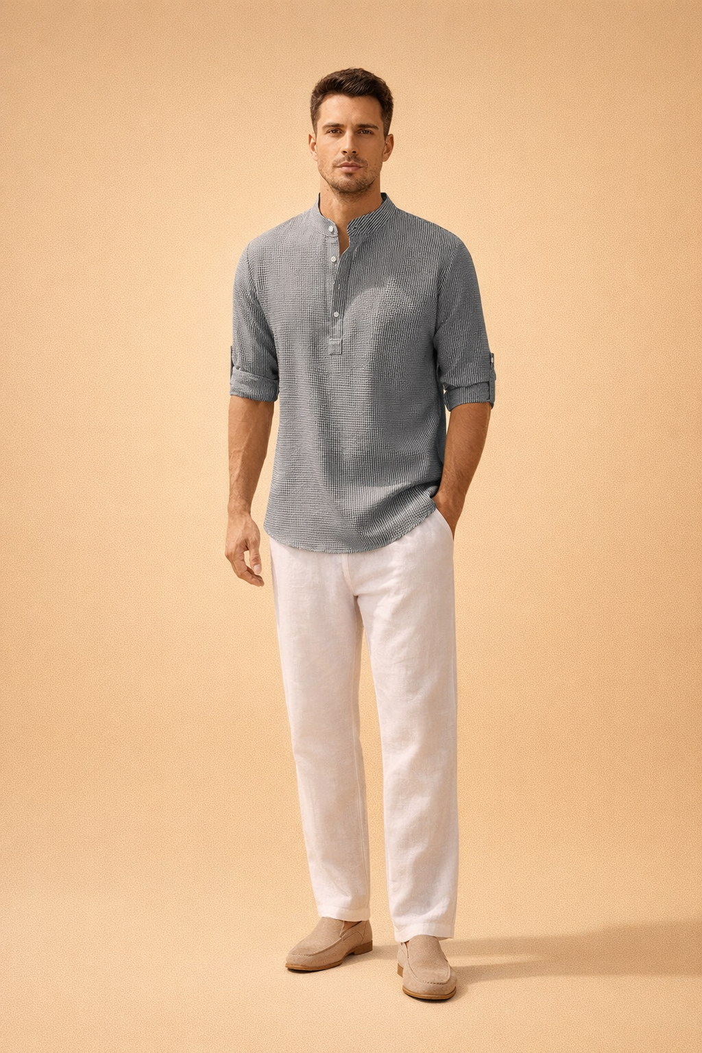Textured grey mandarin collar long sleeve shirt with fine vertical micro-stripe pattern, button placket detail, and relaxed tailored fit paired with crisp white straight-leg trousers for a clean modern menswear look