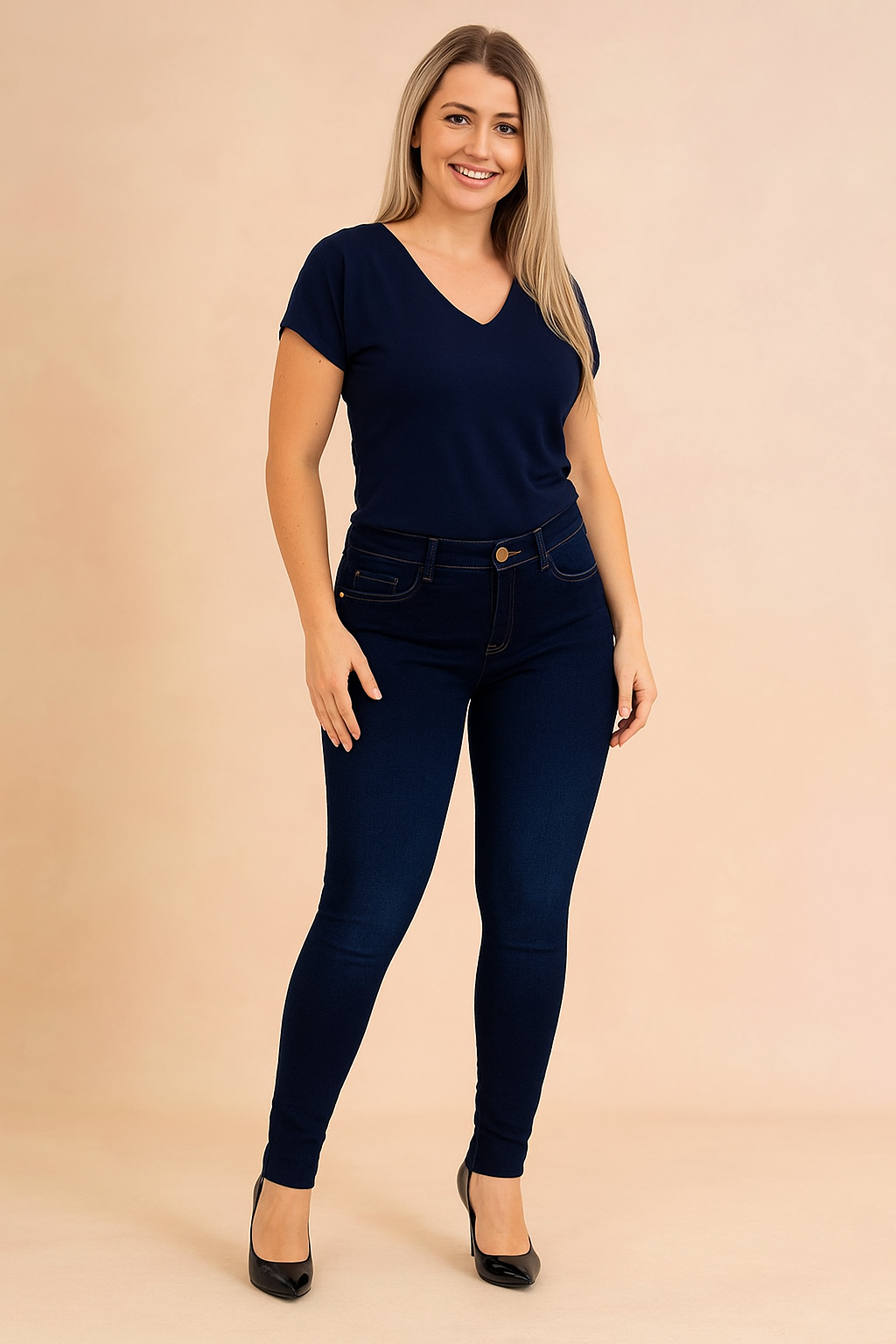 Slim-fit high-waist dark blue skinny jeans with precise stitching, button closure, and front pockets, styled with pointed black heels.
