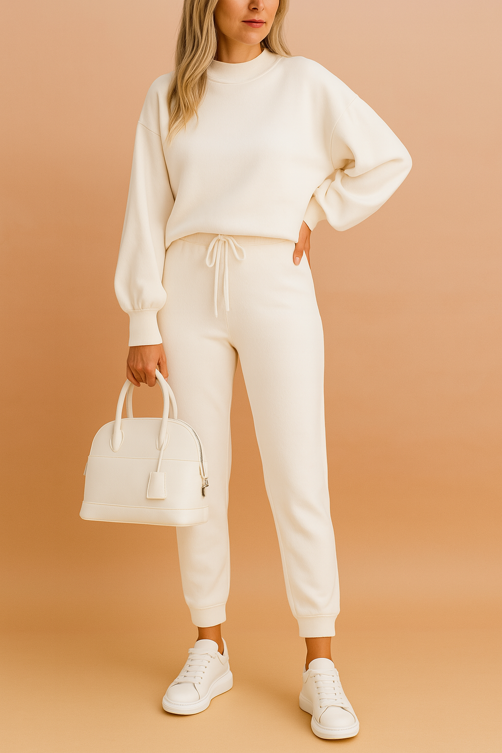 Ivory white lounge set featuring a crew neck long-sleeve top with puff sleeves and drawstring jogger pants, paired with white sneakers and a structured white handbag.