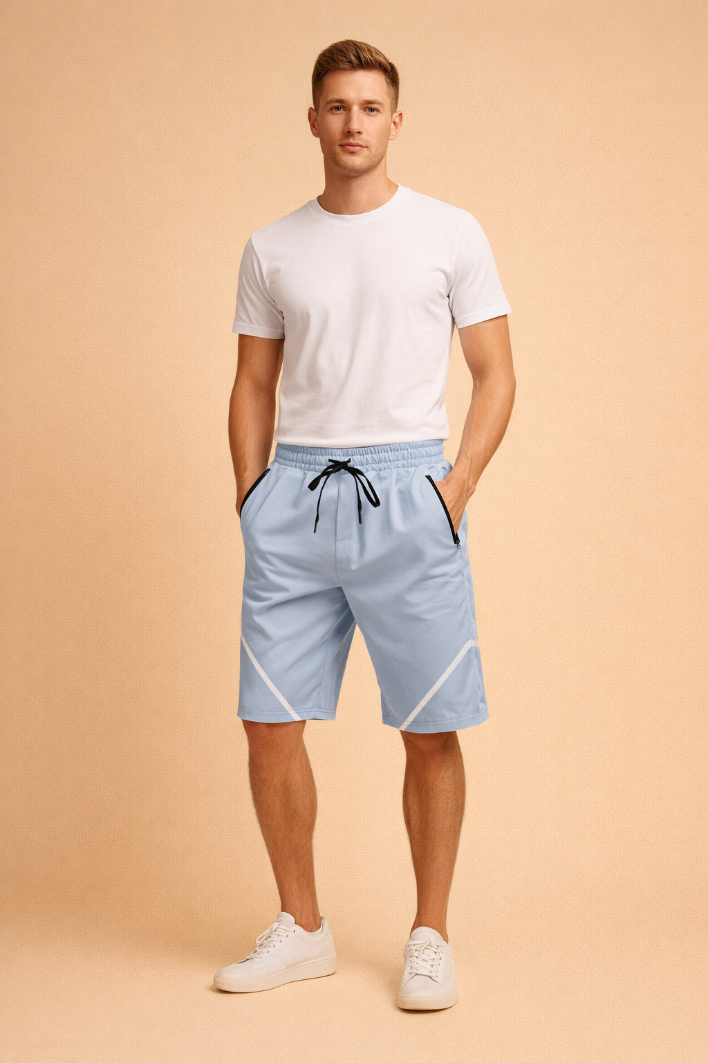 Light blue athletic shorts with elastic waistband, black drawstring closure, zippered side pockets, smooth performance fabric, and subtle white diagonal accent lines for a modern sporty look