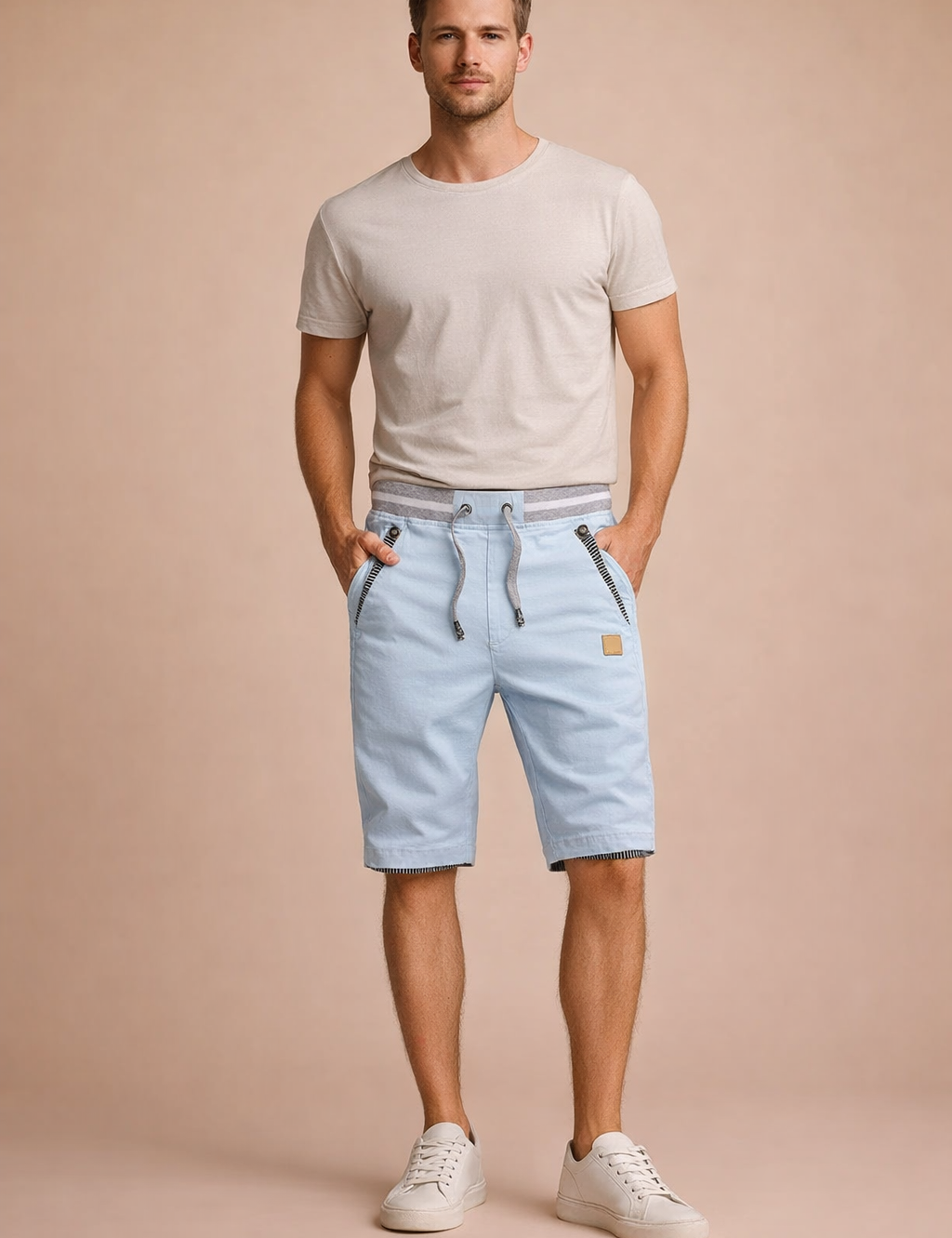 Light blue cotton summer shorts with adjustable drawstring waist, grey ribbed waistband, contrast striped pocket detailing, clean tailored cut, and smooth breathable fabric, styled with a neutral beige short-sleeve t-shirt and minimal white low-top sneakers for a modern casual look