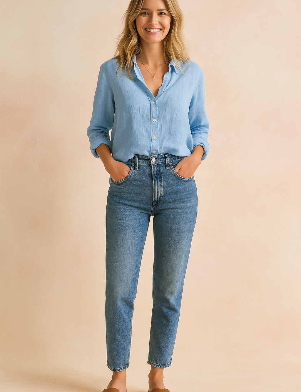 Light blue linen blouse with a relaxed fit, full button-down front, pointed collar, and rolled sleeves, paired with high-rise slim-fit jeans and brown slide sandals for a refined casual look.