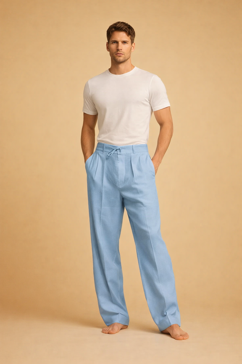 Light blue tailored drawstring trousers with a relaxed straight-leg cut, soft lightweight fabric, front pleats, and a clean modern finish designed for elevated casual wear.