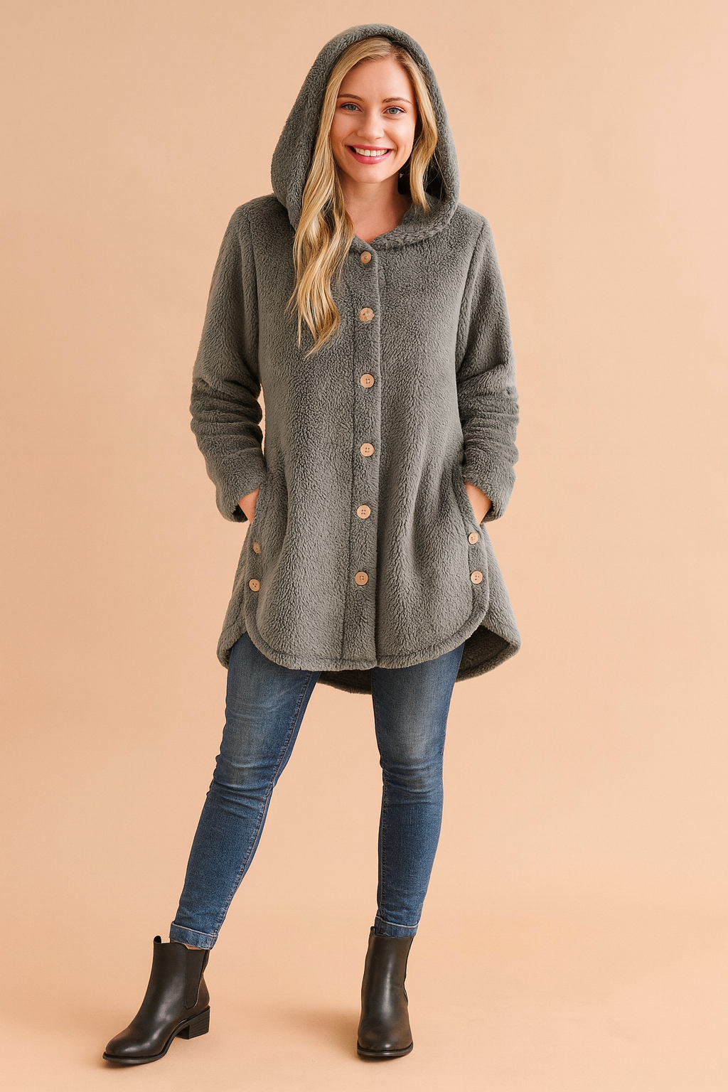 Women's light gray fleece hooded jacket with button front and side pockets, designed in a relaxed fit with long sleeves and curved hem
