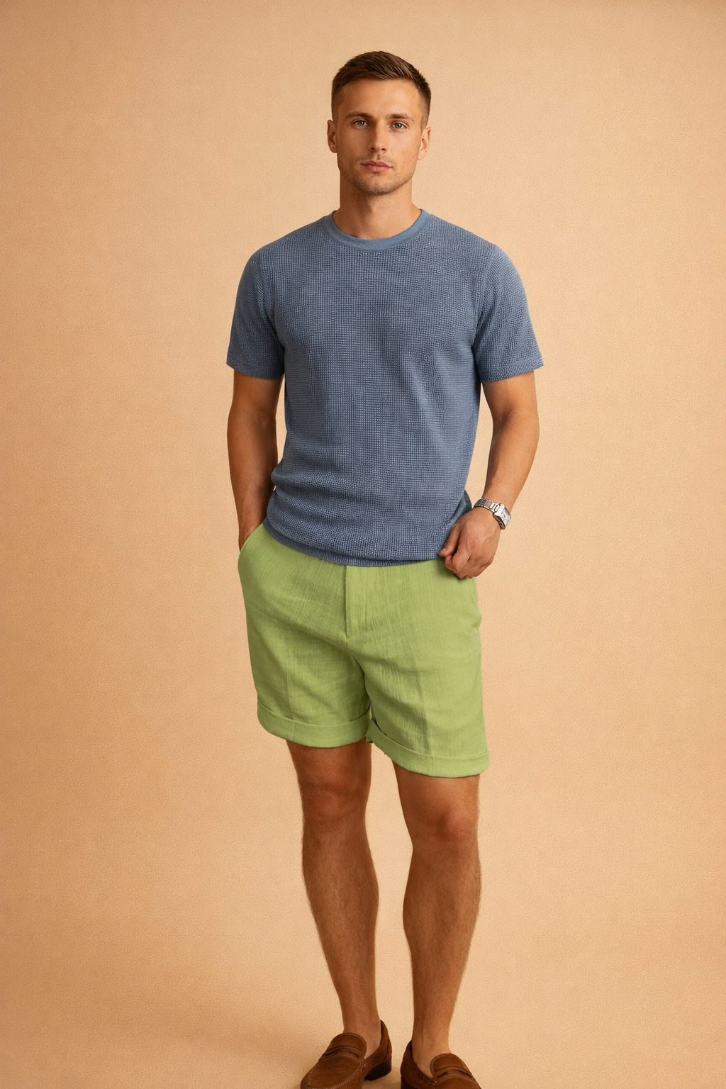 Light green linen shorts with a visible natural linen weave texture, mid-thigh length and clean tailored cut, paired with a solid navy blue short-sleeve crew-neck T-shirt featuring a smooth knit fabric and matte finish, styled with low-profile white athletic sneakers for a clean casual look.