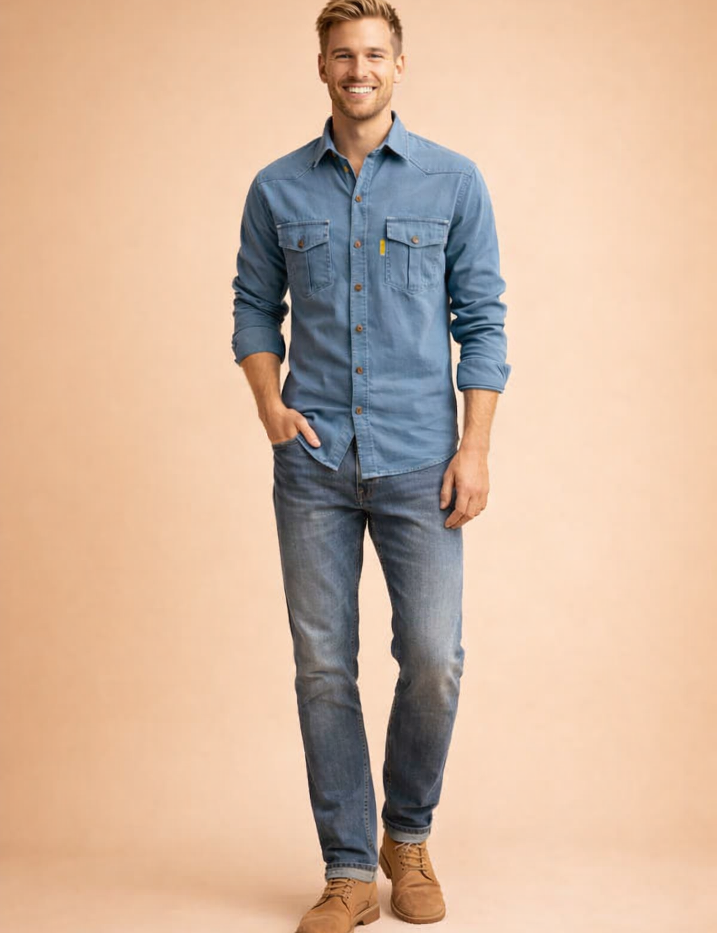 Light grey long-sleeve button-up shirt with dual chest flap pockets and front buttons, styled with light blue slim-fit denim jeans and beige suede lace-up ankle boots