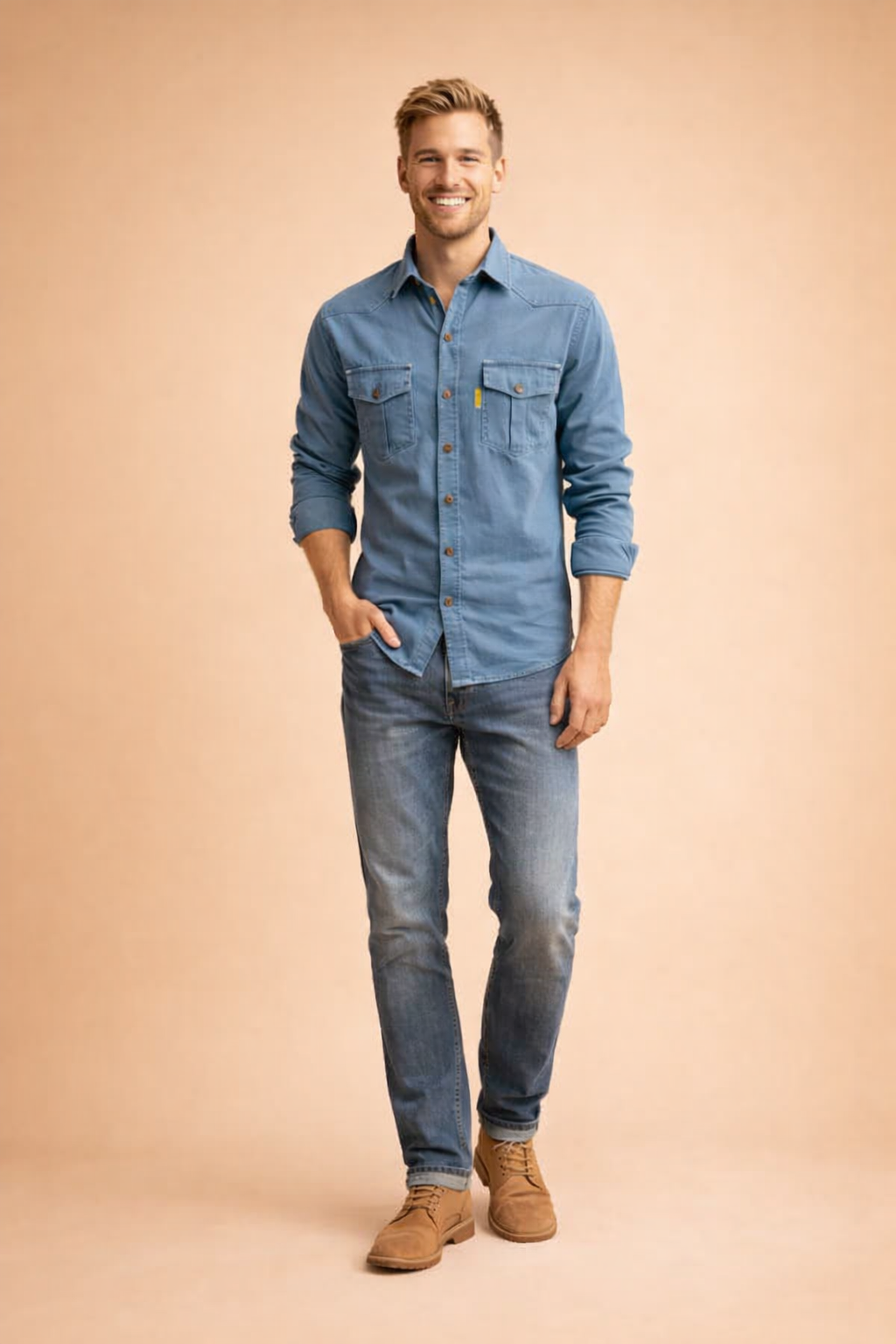 Light grey long-sleeve button-up shirt with dual chest flap pockets and front buttons, styled with light blue slim-fit denim jeans and beige suede lace-up ankle boots
