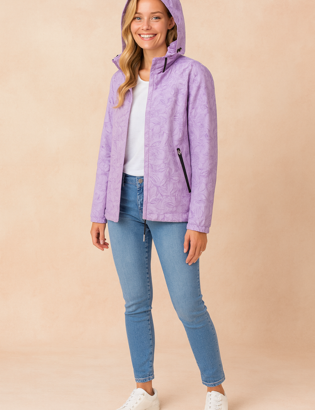Lilac floral-pattern zip-up hooded winter jacket with long sleeves and black zipper pockets