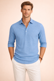 Long-sleeve tailored polo-style shirt with a structured open collar, three-button placket, clean chest panel, slim silhouette, and neatly finished cuffs for a refined casual look.