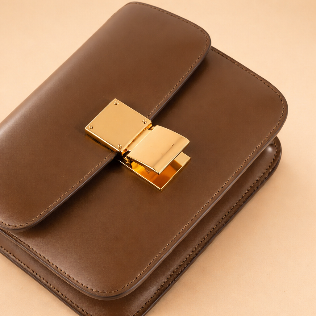 Luxury brown leather handbag with structured silhouette, smooth flap design, precise stitching, and polished gold-tone rectangular clasp
